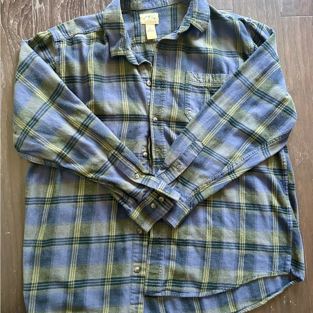 Blue Mountain.Green and Blue Casual Button Down Shirt with Plaid Pattern